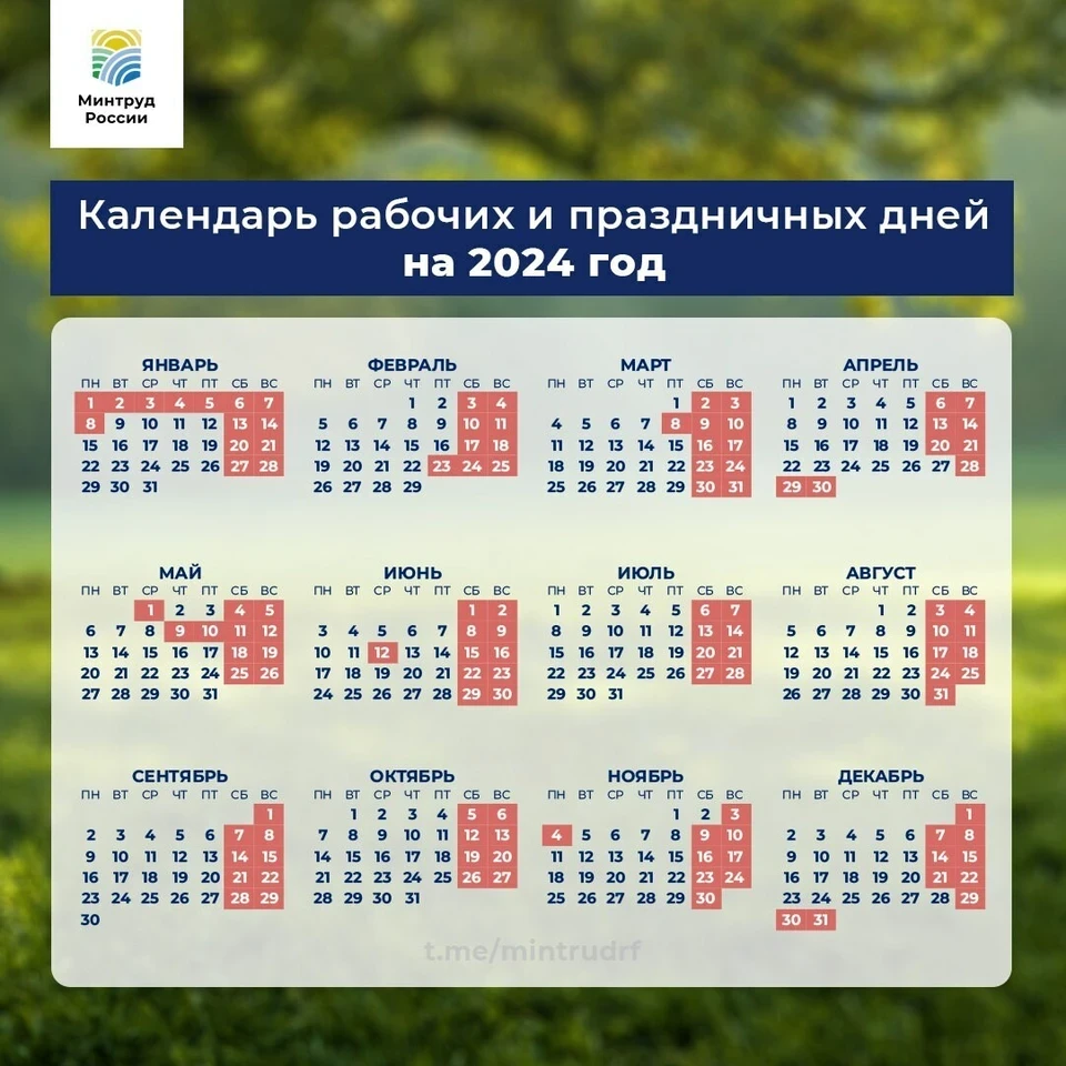 Россиян ждёт 30 праздничных нерабочих дней