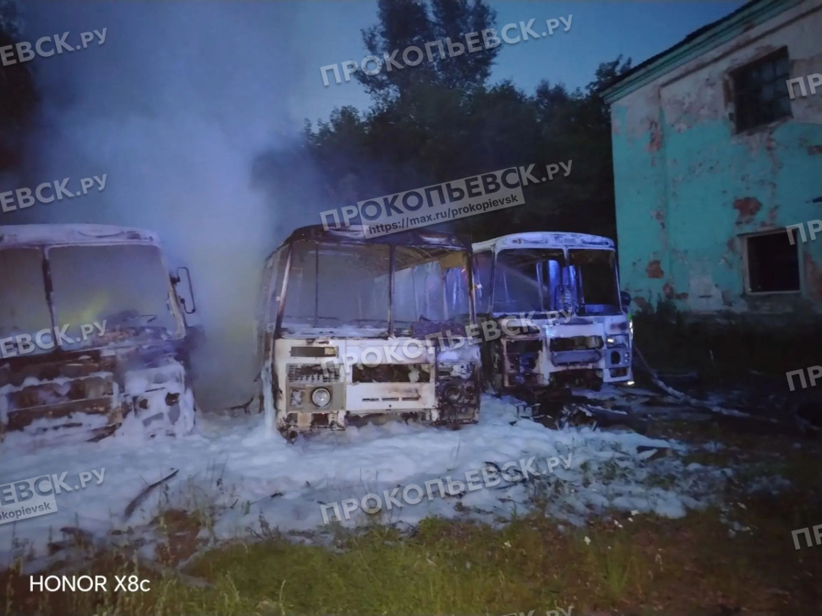 В Прокопьевске полностью сгорели несколько автобусов В Прокопьевске полностью сгорели несколько автобусов