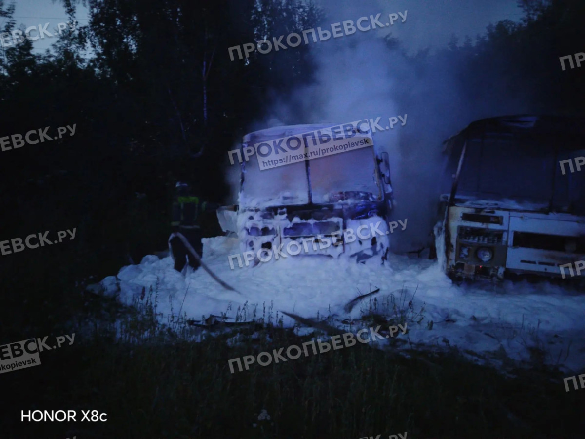 В Прокопьевске полностью сгорели несколько автобусов В Прокопьевске полностью сгорели несколько автобусов
