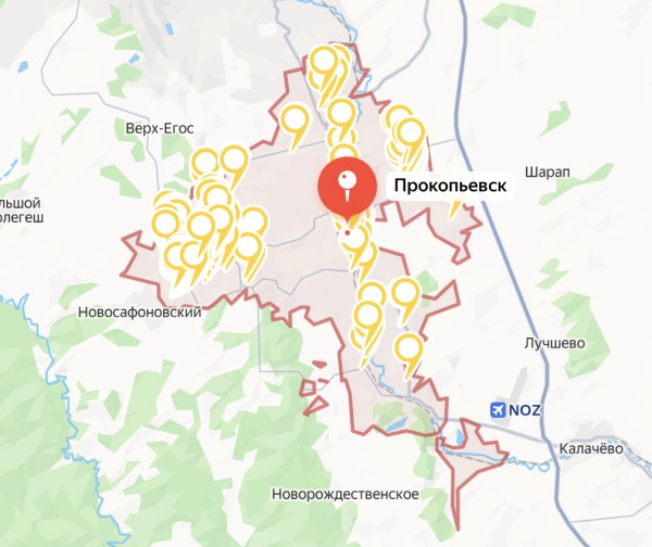 Карта мест, используемых в качестве убежищ в Прокопьевске